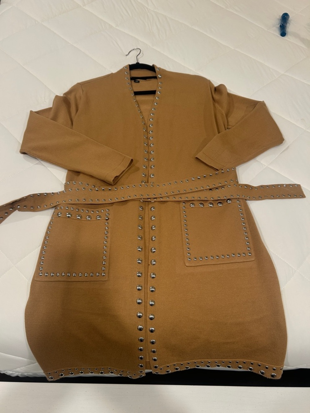 INC International Concepts Camel Stud-Trim Belted Cardigan